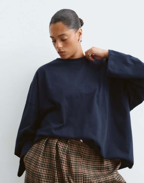 ARRANGE Curve cotton oversized long sleeve t-shirt in navy - view 1