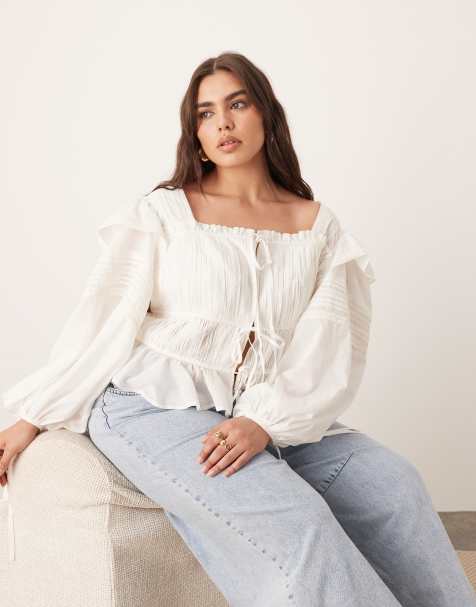 ARRANGE Curve cotton voile lace trim blouse with tie front in white - view 1