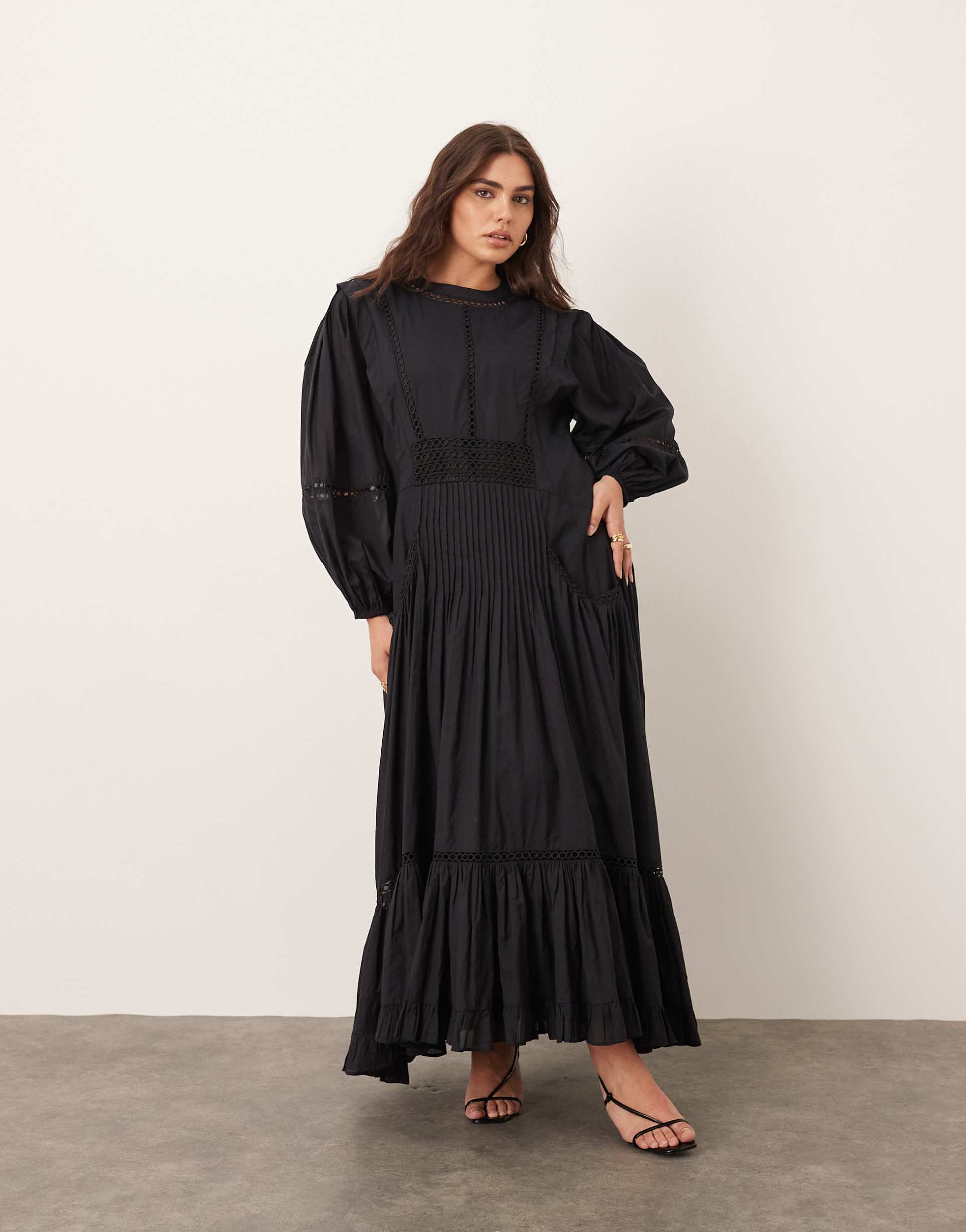 arrange curve cotton voile maxi dress with lace trim in black
