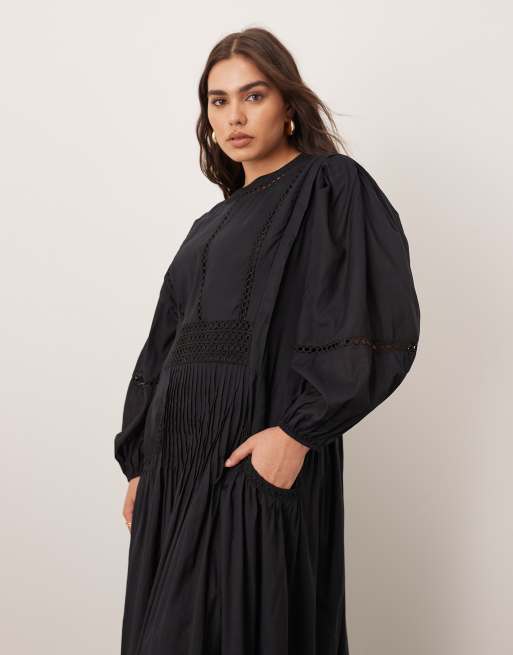 ARRANGE Curve cotton voile maxi dress with lace trim in black, 2 of 4
