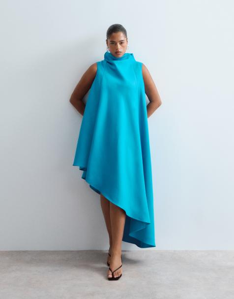 ARRANGE Curve cowl neck asymmetric dress in turquoise - view 1