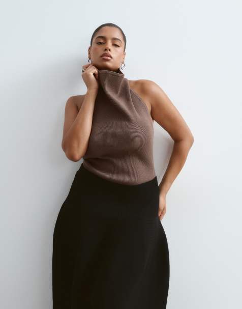 ARRANGE Curve cowl neck knitted rib bodysuit in mocha - view 1