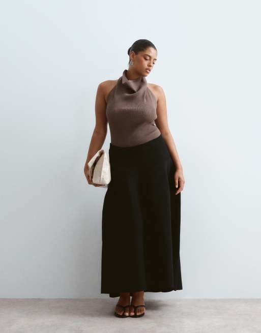 ARRANGE Curve cowl neck knitted rib bodysuit in mocha, 2 of 4