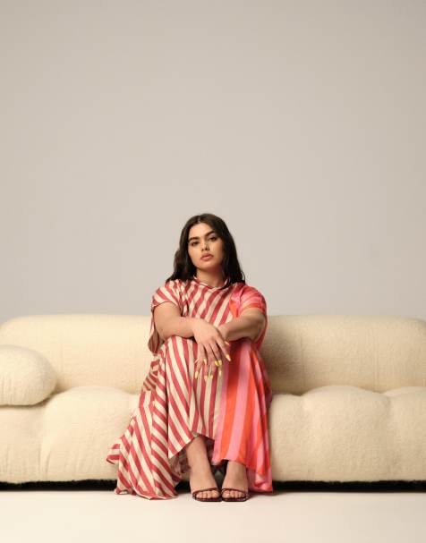 ARRANGE Curve cowl neck maxi dress with asymmetric hem in colourblock stripe - view 1