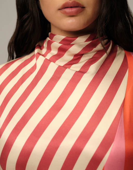 ARRANGE Curve cowl neck maxi dress with asymmetric hem in colourblock stripe, 2 of 4