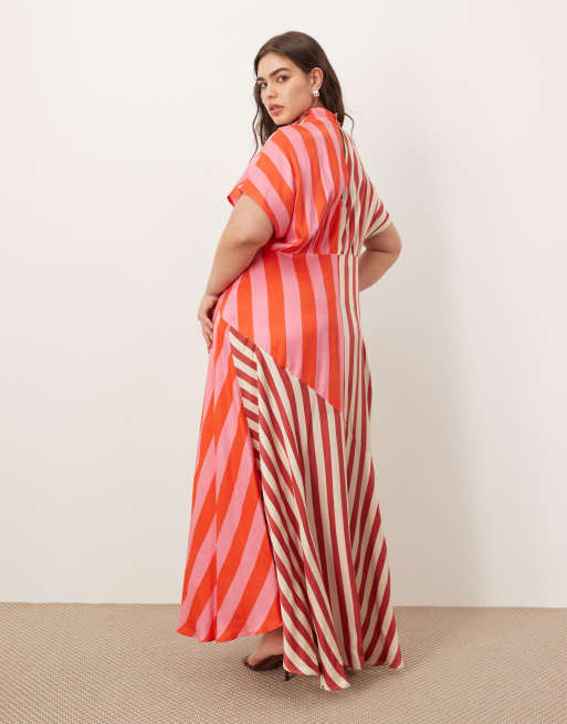 ARRANGE Curve cowl neck maxi dress with asymmetric hem in colourblock stripe, 3 of 4