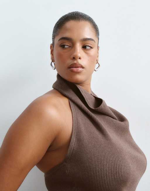 ARRANGE Curve cowl neck rib knit bodysuit in mocha, 3 of 4