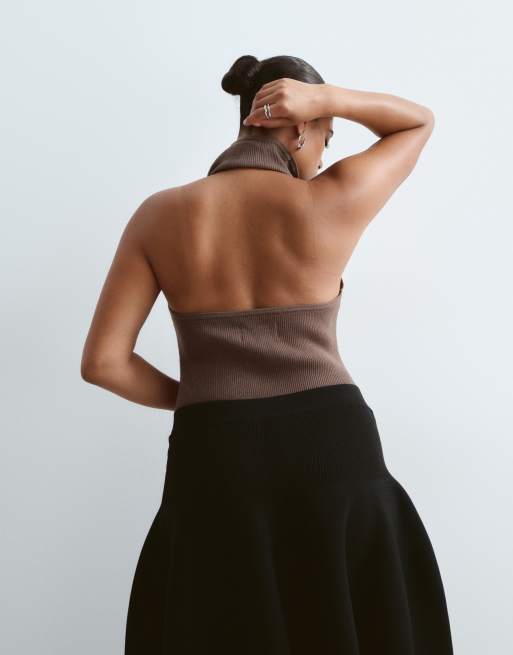 ARRANGE Curve cowl neck rib knit bodysuit in mocha, 4 of 4