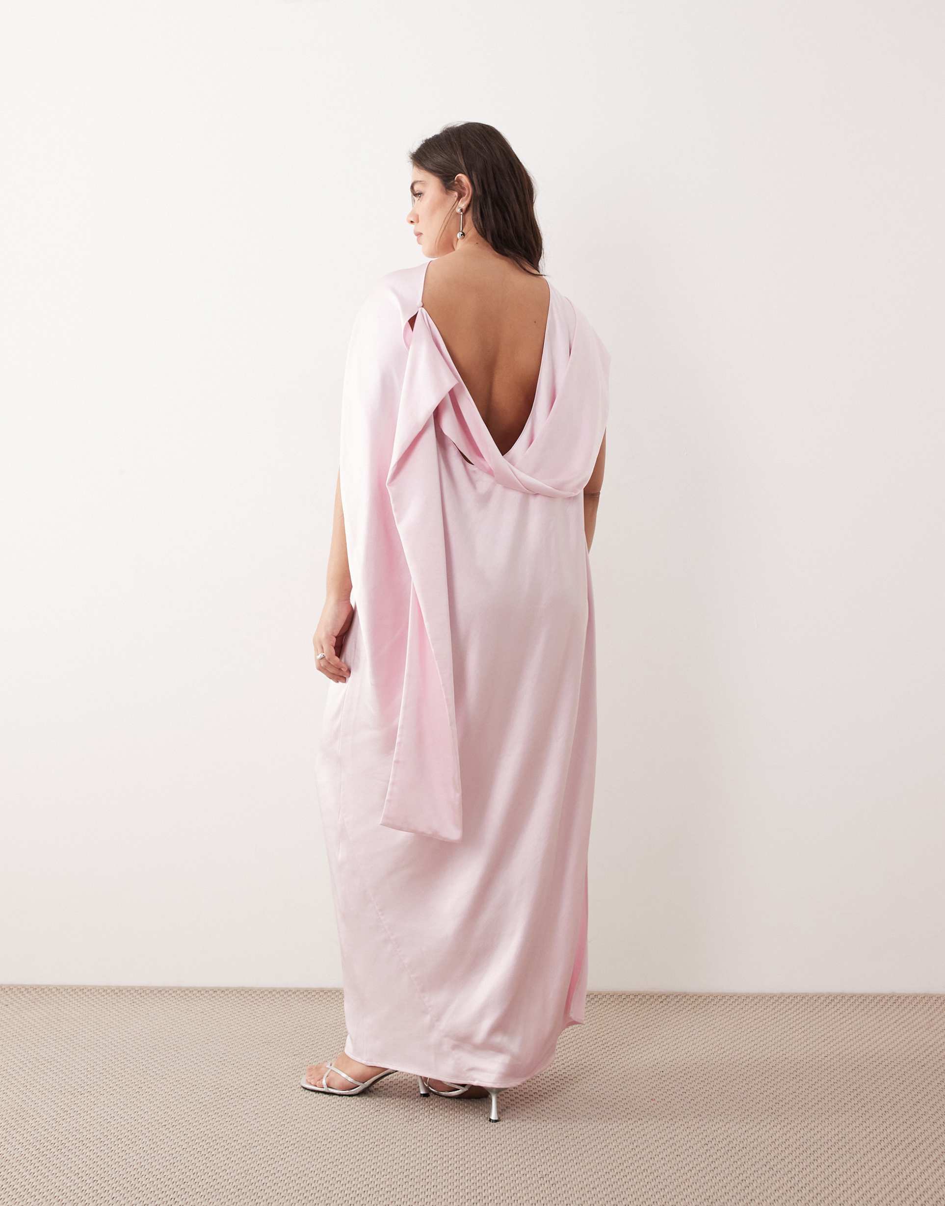 arrange curve cowl neck scarf drape satin maxi dress in light pink