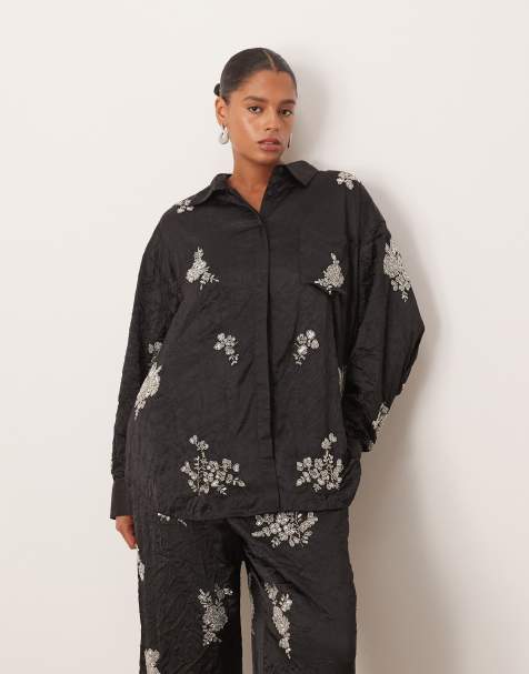 ARRANGE Curve crinkle satin floral embellished shirt co-ord in black - view 1