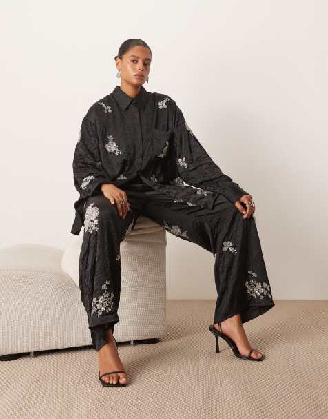 ARRANGE Curve crinkle satin floral embellished trouser co-ord in black - view 1