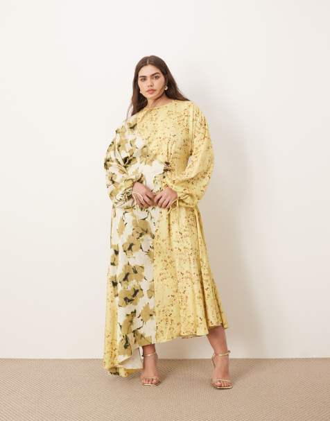 ARRANGE Curve crinkle satin long sleeve midi dress with trim in color block floral print - view 1