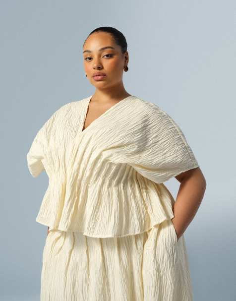 ARRANGE Curve crinkle texture cinched waist top in cream (part of a set) - view 1