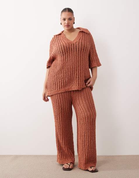 ARRANGE Curve crochet collared top and straight leg pants set in terracotta - view 1