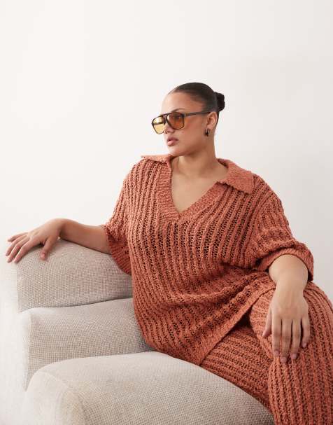 ARRANGE Curve crochet collared top co ord in terracotta - view 1