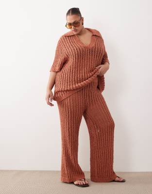 ARRANGE Curve crochet straight leg trousers co ord in terracotta - ORANGE