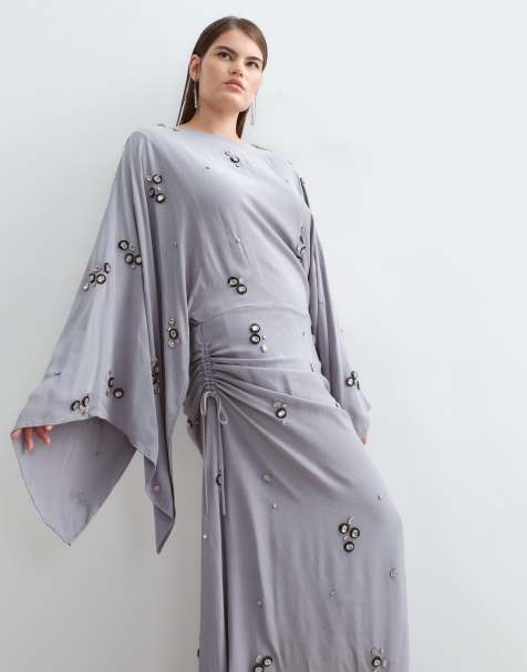 ARRANGE Curve crystal embellished long sleeve draped maxi dress in dusky blue - view 1