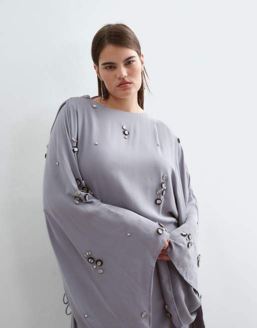 ARRANGE Curve crystal embellished long sleeve draped maxi dress in dusky blue, 5 of 5