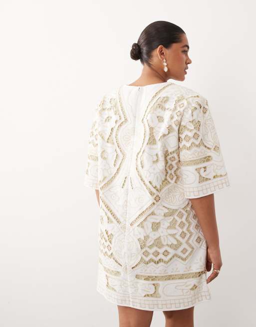 embroidered cream dress Creamy Floral Lattice Dress | Embroidered Rust Trim & Ruffled Collar