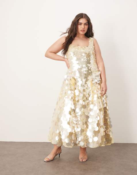 ARRANGE Curve embellished disc sequin square neck full skirt midi dress in lemon