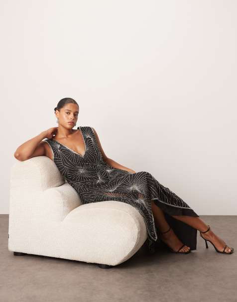 ARRANGE Curve deco linear embellished asymmetric midi dress in black