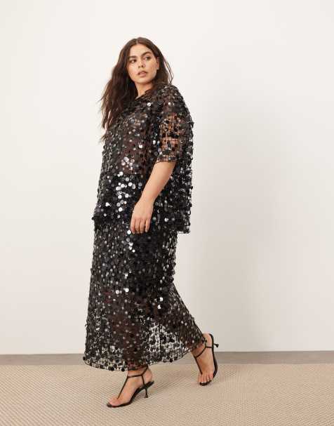 ARRANGE Curve sheer grid sequin  maxi skirt co ord in black