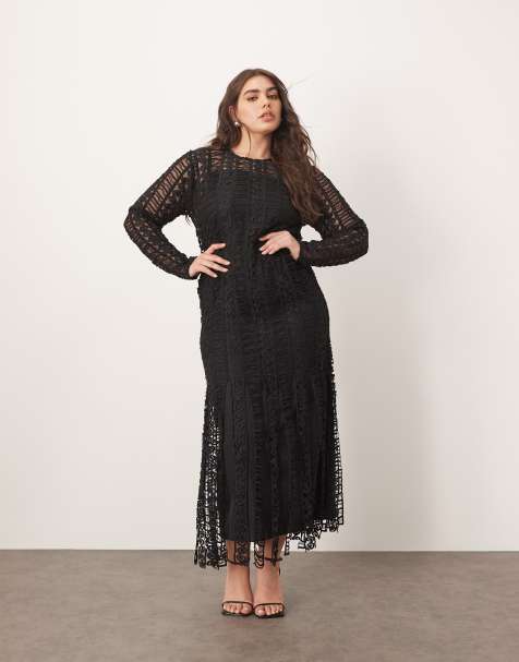 ARRANGE Curve embroidered lace long sleeve midi dress with fringe hem in black