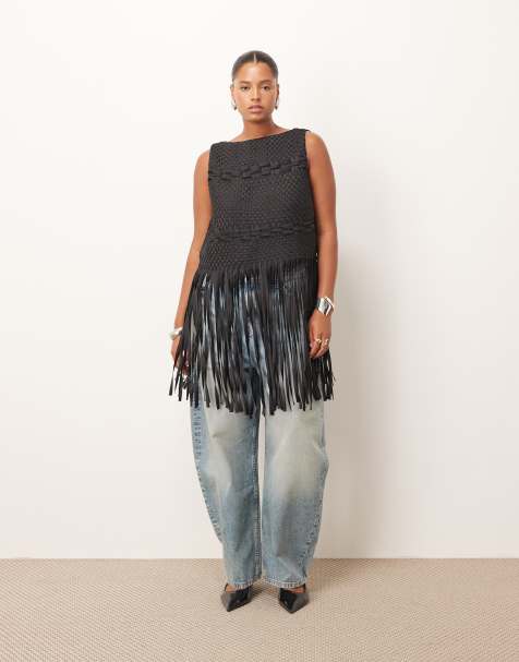 ARRANGE Curve lattice handwoven top with fringe hem in black