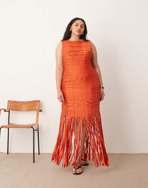 ARRANGE Curve lattice handwoven fringe hem midi dress in red