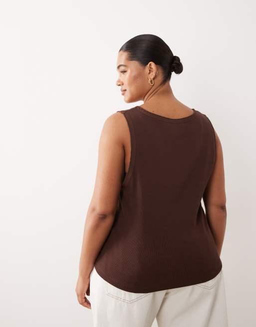 ARRANGE Curve - Débardeur nervuré à bords bruts en coton - Chocolat, 4 de 4