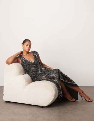 ARRANGE Curve - Deco - Asymmetrisches Midikleid in Schwarz mit linearer Verzierung