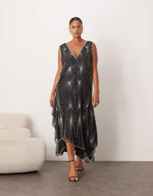 Arrange Curve Deco Linear Embellished Asymmetric Midi Dress In Black