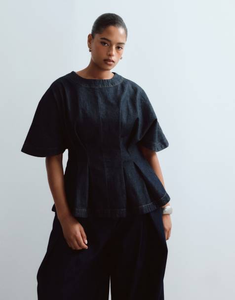 ARRANGE Curve denim cinched waist pleated top co-ord in indigo - view 1