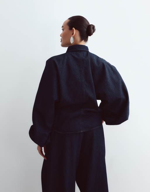 ARRANGE Curve denim shirt co-ord with volume sleeves in indigo, 3 of 4