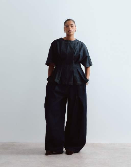 ARRANGE Curve denim top i sæt med indsnøret talje og plisseringer i indigo, 2 af 4