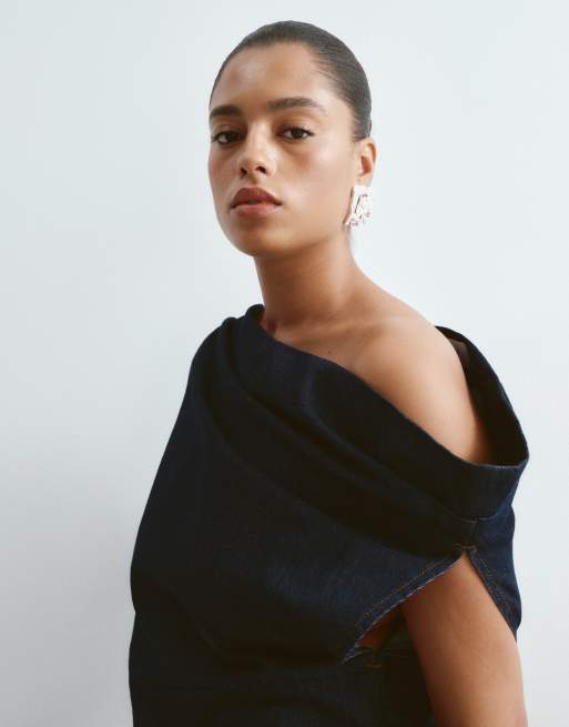 ARRANGE Curve - Denim top met blote schouder en geplooide taille in indigo, deel van co-ord set, 3 van 5