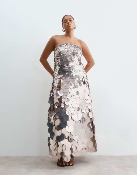 ARRANGE Curve disc sequin crescent bandeau maxi dress in silver