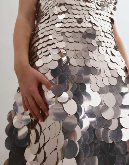 ARRANGE Curve disc sequin crescent bandeau maxi dress in silver, 2 of 5