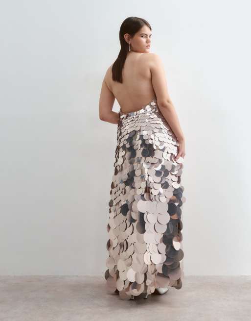 ARRANGE Curve disc sequin crescent bandeau maxi dress in silver, 4 of 5