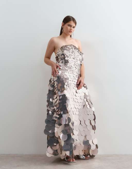 ARRANGE Curve disc sequin crescent bandeau maxi dress in silver, 5 of 5