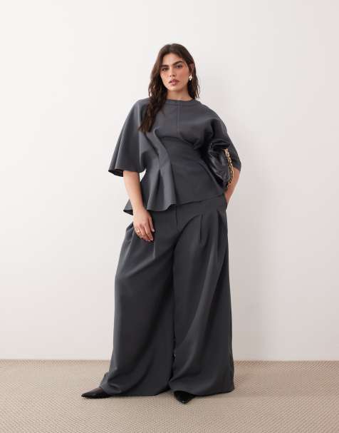 ARRANGE Curve pleat waist tailored wide leg trouser co-ord in charcoal
