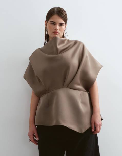 ARRANGE Curve draped cowl neck top with asymmetric hem in chocolate