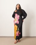 [ARRANGE] ARRANGE Curve dripping floral embroidered strong shoulder open back maxi dress in black 20 Black