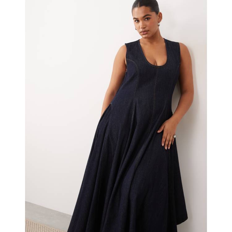 ARRANGE Curve drop neck denim pleated hanky hem maxi dress in indigo-Blue