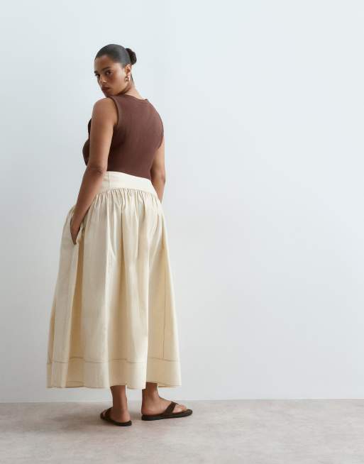 ARRANGE Curve drop waist maxi skirt with topstitching detail in stone, 4 of 5