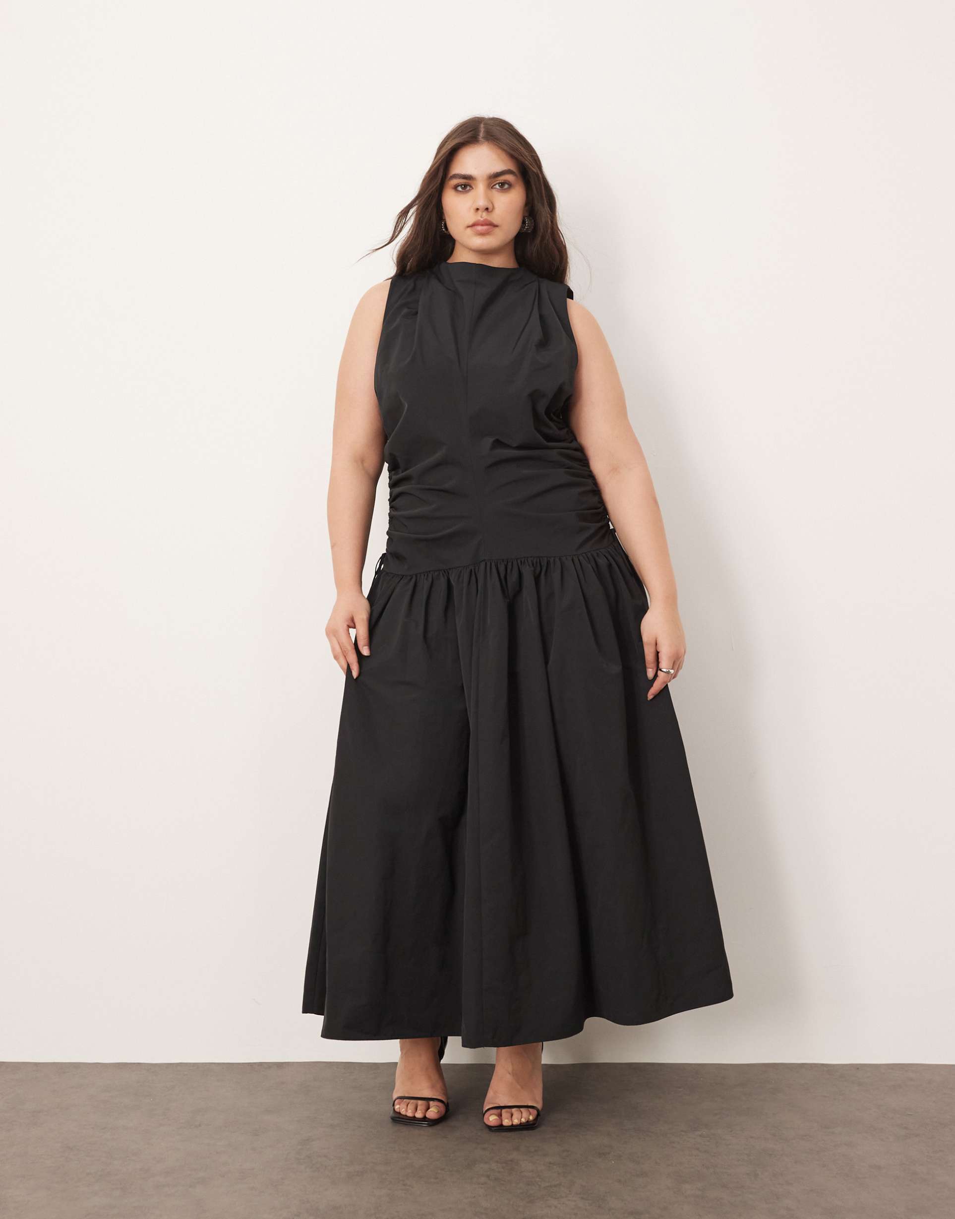 arrange curve drop waist ruched detail funnel neck midaxi dress in black