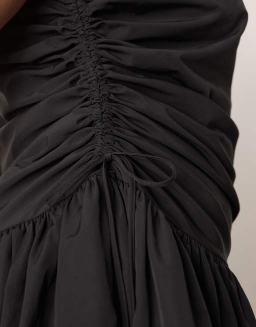 ARRANGE Curve drop waist ruched detail funnel neck midaxi dress in black |  ASOS