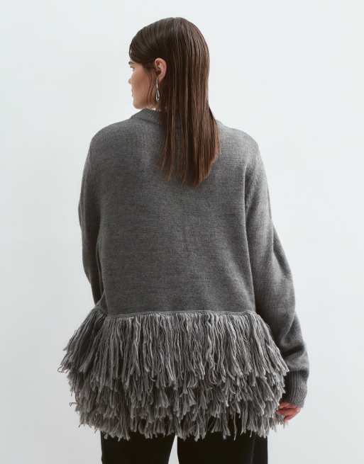 ARRANGE Curve dzianinowy sweter z frędzlami u dołu w kolorze szarym, 4 z 5