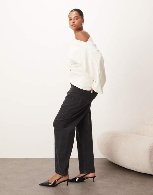 ARRANGE Curve - Eden - Sorte højtaljede jeans med barrel-ben og hotfix-udsmykning, 3 af 5