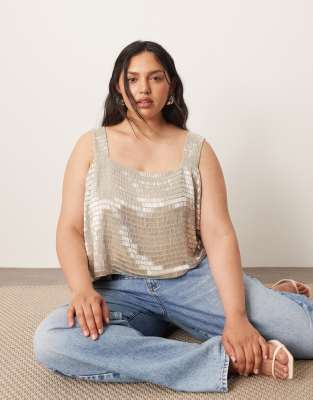 Arrange Curve Embellished Beaded Square Neck Boxy Crop Top In Silver